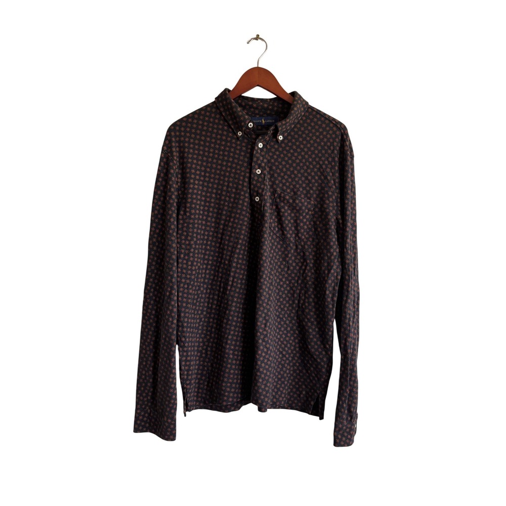 Ralph Lauren Mens XL Navy‎ Geometric Diamond Print Long Sleeve Polo Shirt Cotton